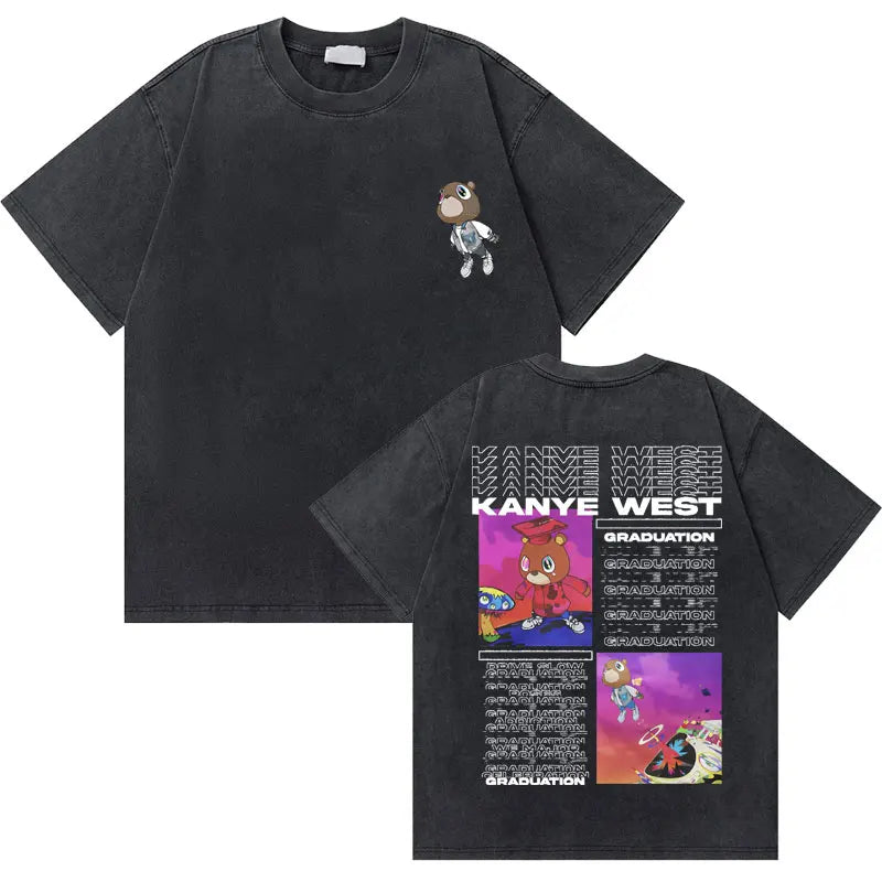 Washed Vintage Rapper Kanye West Graduation Bear Graphic T Shirt Men Pure Cotton T-shirt Men's Hip Hop Fashion Oversized Tshirt