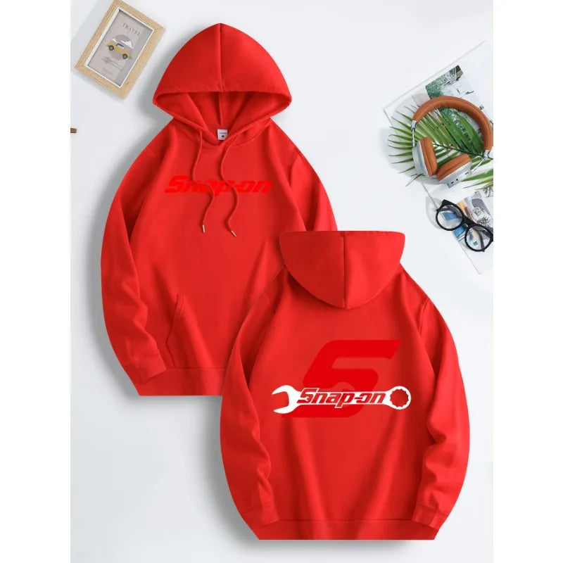 Snap on graphic hoodie with casual regular design, front pocket with slight elasticity and drawstring, suitable for all seasons