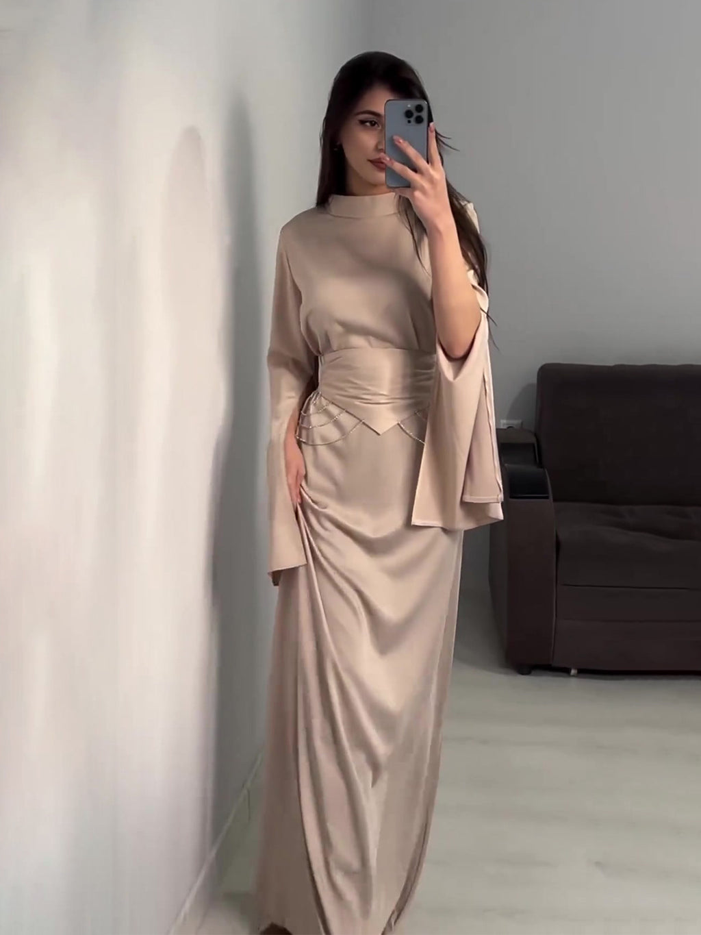 Long-Sleeve Half-High Collar Waist-Cinching Dress