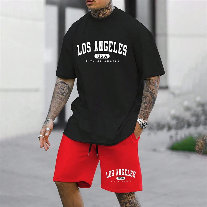 Men's Outdoor Letter Print Shorts Set Two-Piece Streetwear Two-Piece Athletic Wear Crew Neck T-Shirt Fashion Men's Apparel