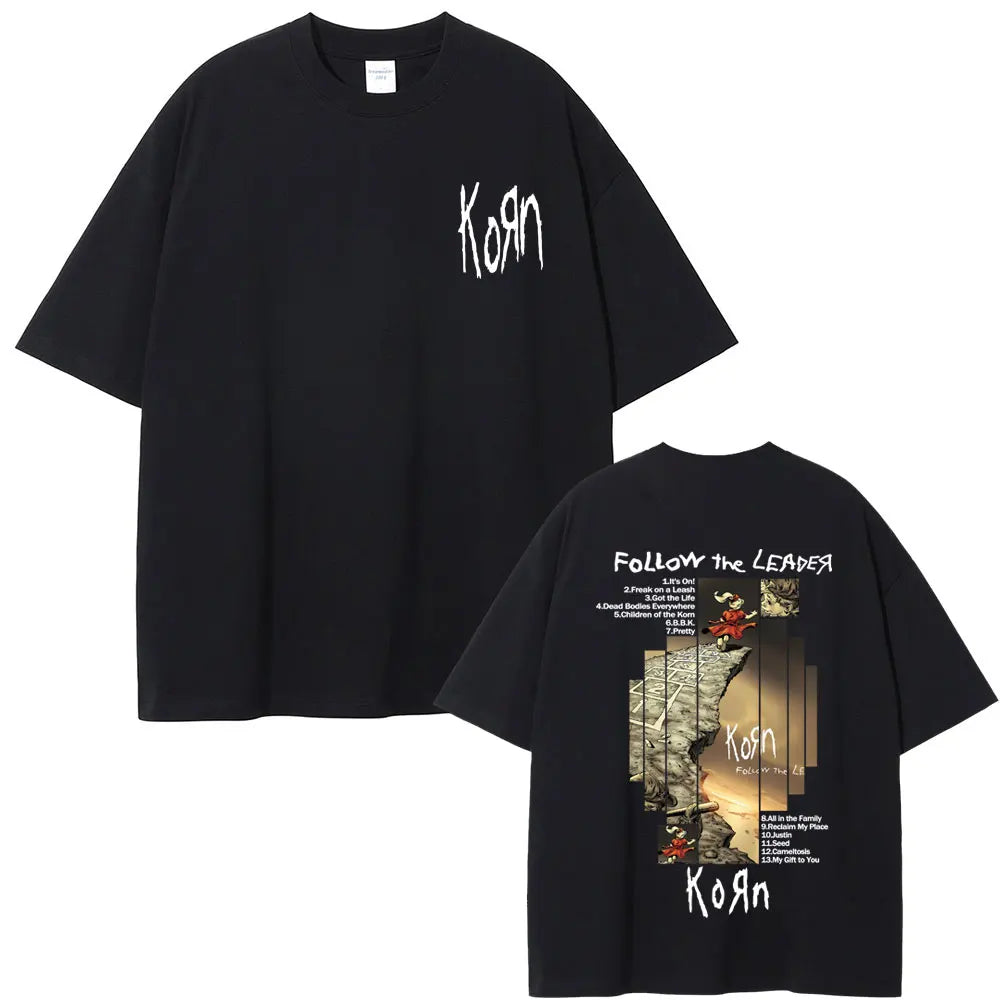 Rock Band Korn Follow The Leader Album Graphic T-shirt Men Women Casual Oversized T Shirts Male Vintage Alternative Metal Tshirt