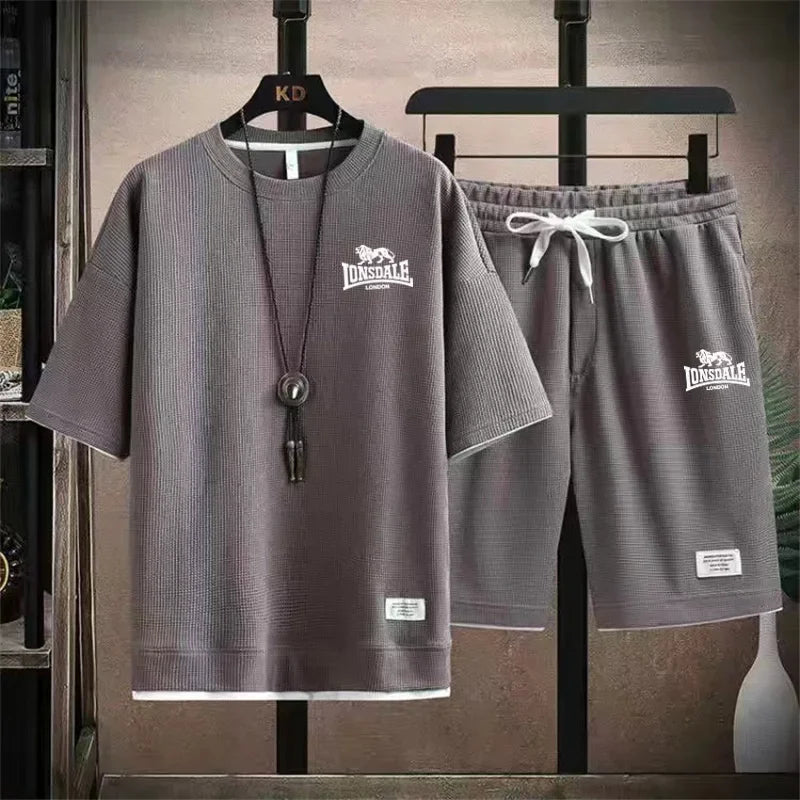 Men's summer new casual short-sleeved T-shirt set, fashionable outdoor men's round-neck pullover + sports shorts 2-piece set