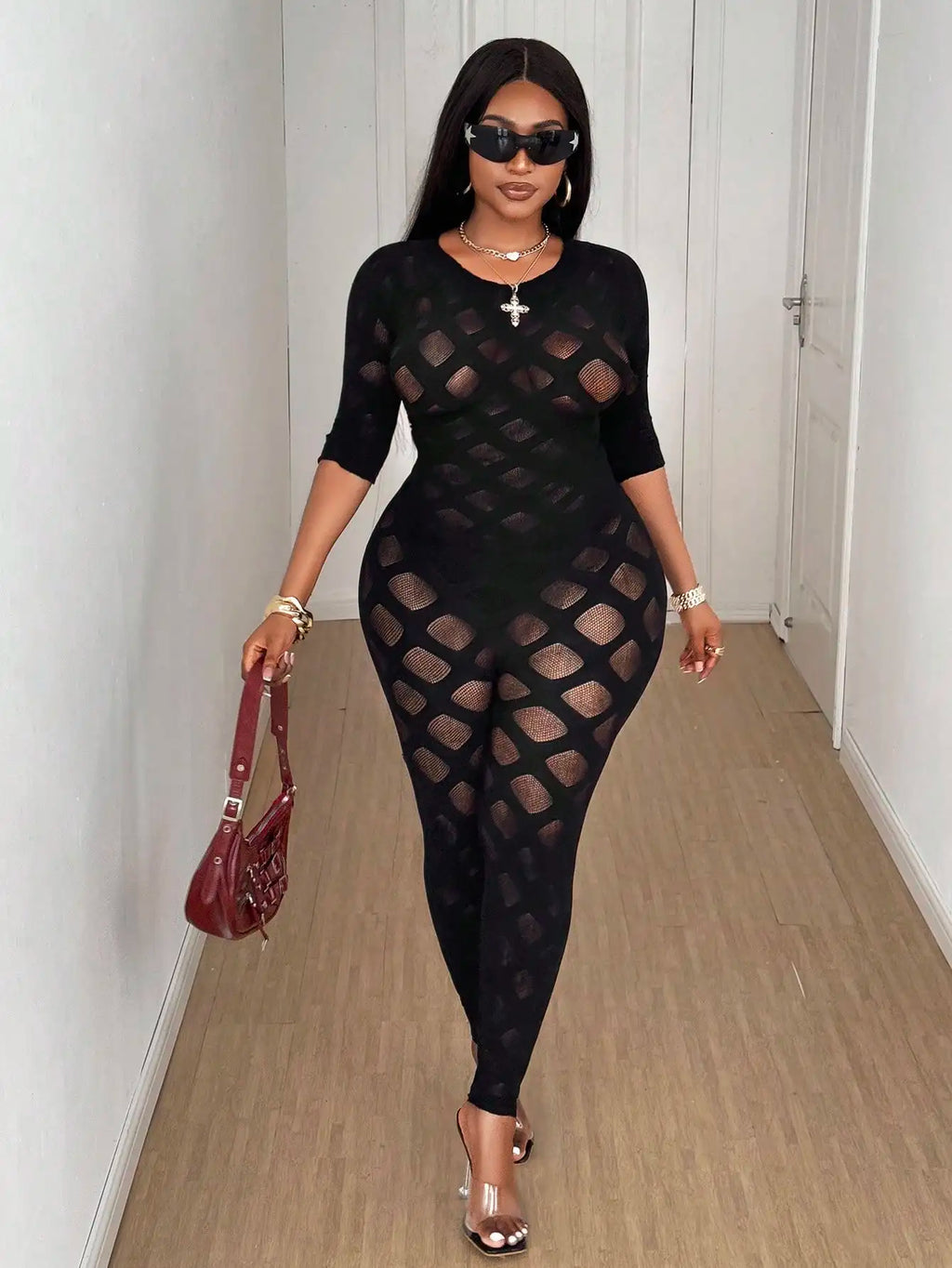 Women's Plus Size Sexy Jumpsuit See Through Sheer Mesh Bodycon High Waist Stretchy Web Pattern Slim Fit Jumpsuit for Club Party
