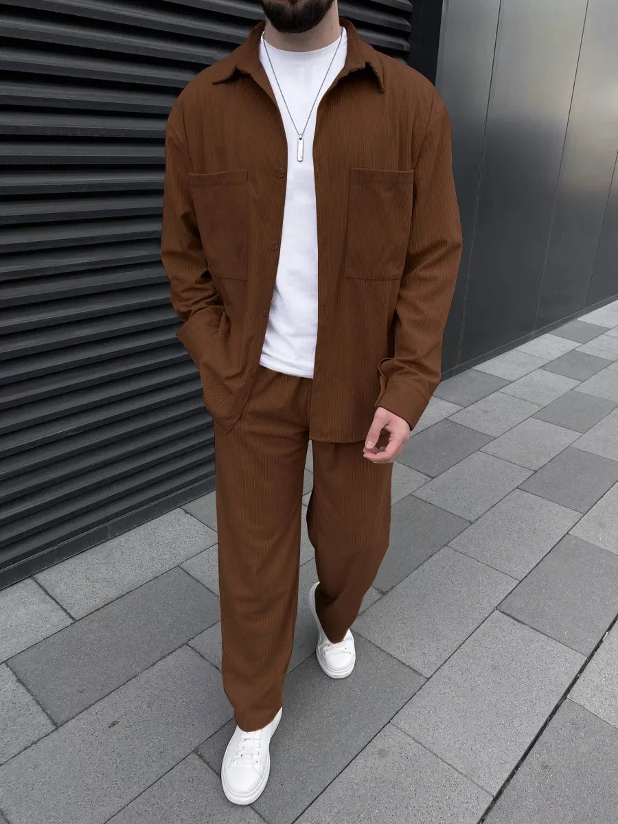 Men's corduroy two-piece outfit: long-sleeved button-down shirt and wide-leg trousers set, fashionable casual street sportswear.