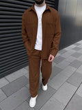 Men's corduroy two-piece outfit: long-sleeved button-down shirt and wide-leg trousers set, fashionable casual street sportswear.