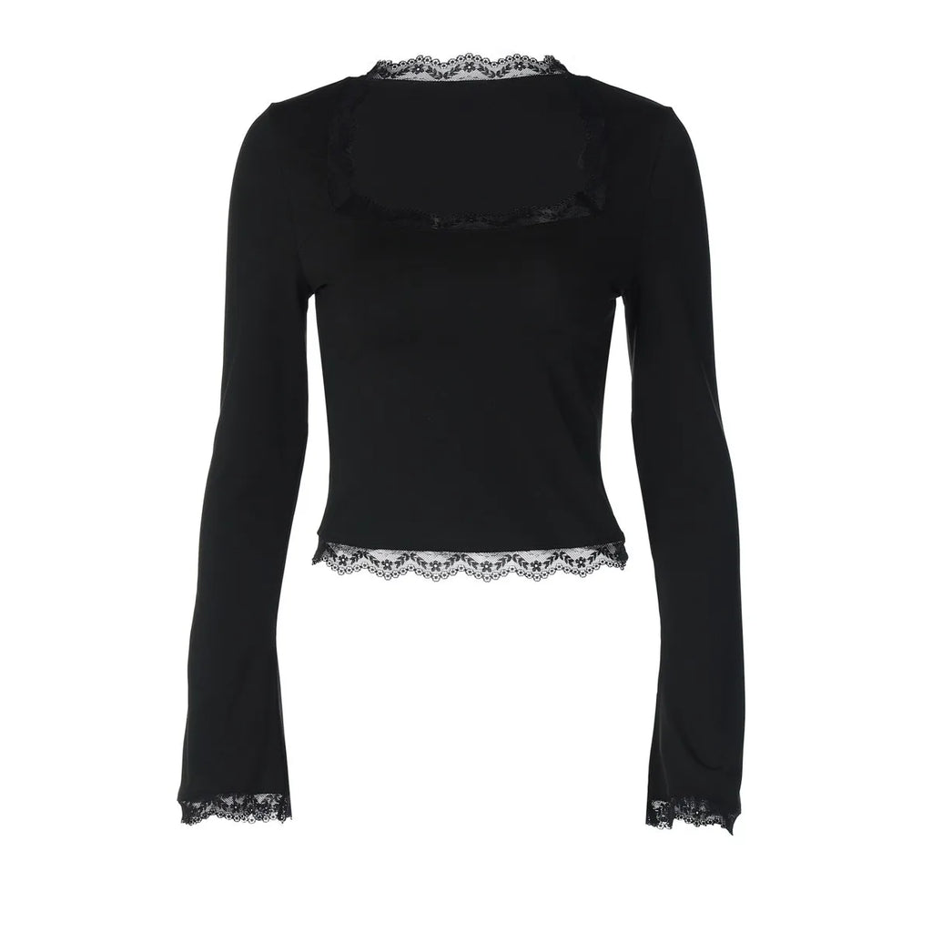 Women's Lace Edged Square Neck Long Sleeved Slim Fit Ladies Top T-Shirt Classic Simple Solid Sexy Square Neck Pullover Y2k Style