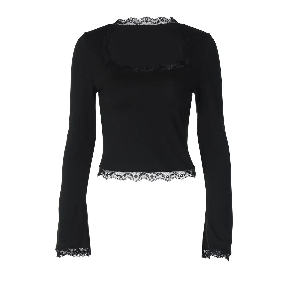 Women's Lace Edged Square Neck Long Sleeved Slim Fit Ladies Top T-Shirt Classic Simple Solid Sexy Square Neck Pullover Y2k Style