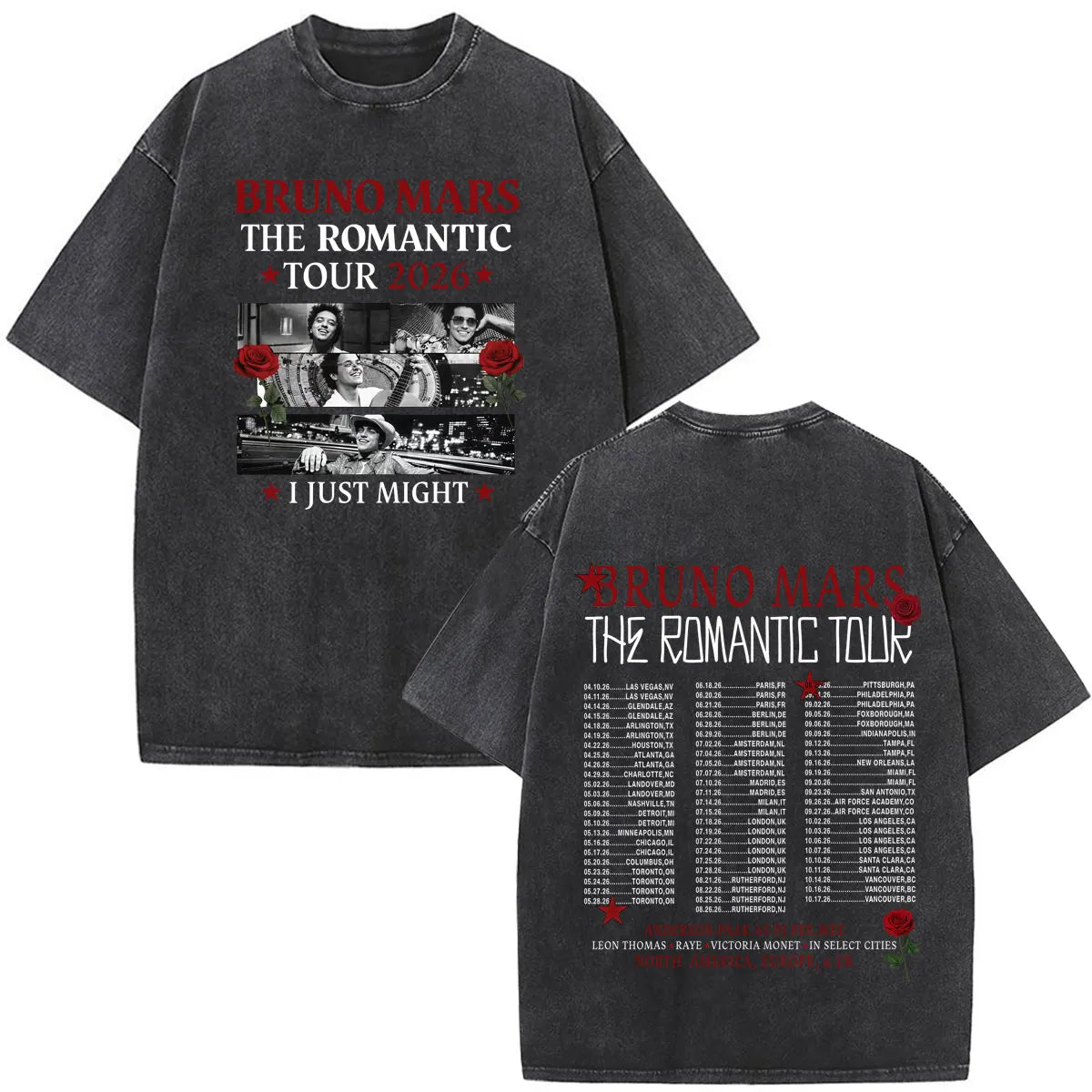 Bruno Mars The Romantic Tour 2026 Print Vintage Washed T-shirt Man Woman Fashion T-shirts Cotton Loose Casual Oversized T-shirts