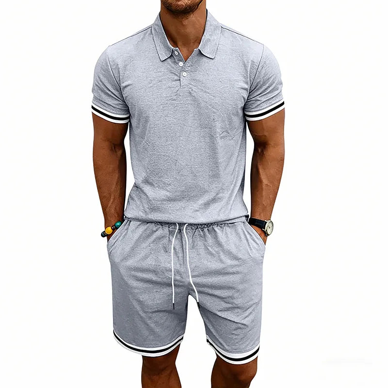 European and American men's summer casual trend thin breathable polo lapel short-sleeved POLO shorts set