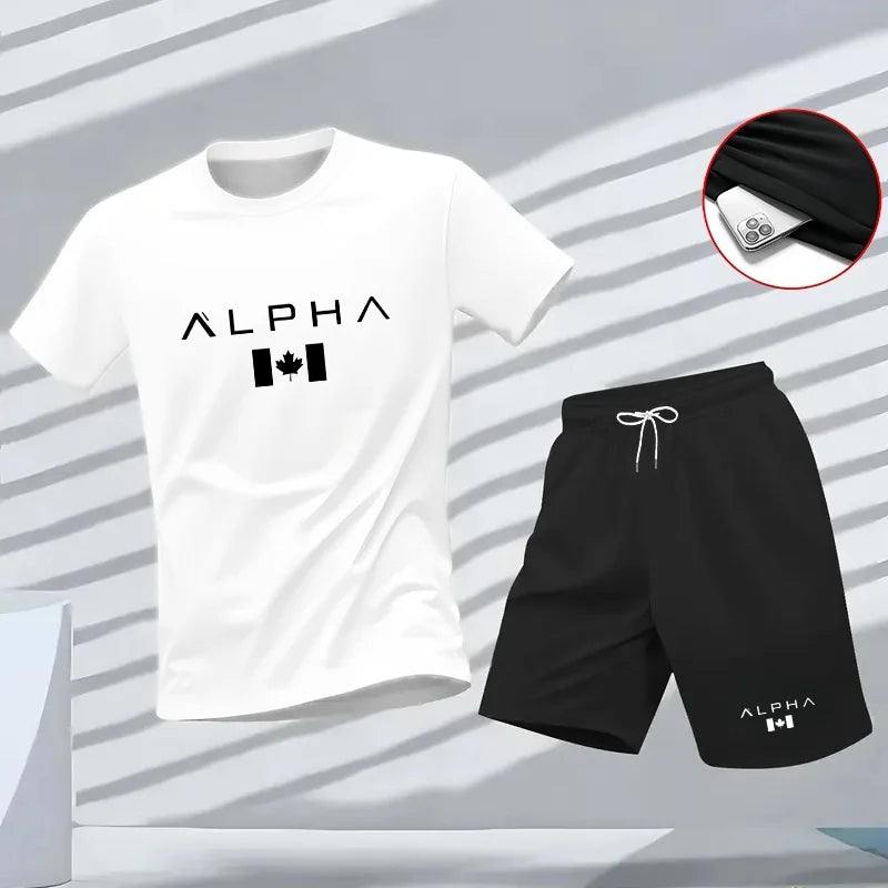 Men's summer fitness and sportswear set, round-neck short-sleeved T-shirt fashionable and casual
