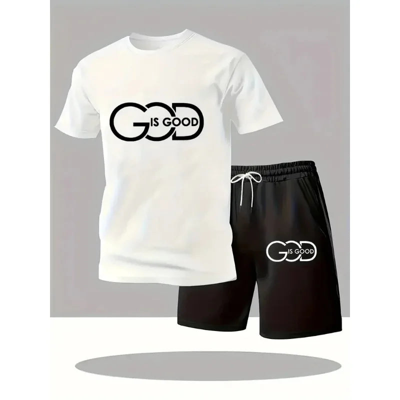 Street Fashion Trend Men's Round Neck Short Sleeved Set, Outdoor Simple Round Neck Top, Casual and Comfortable Shorts