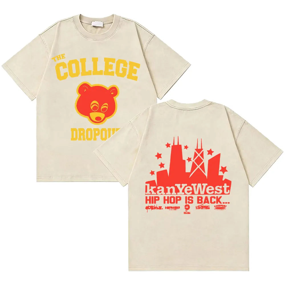 Awesome Rapper Kanye West Graduation Bear Vintage Washed T-shirt Men Women Hip Hop Fashion Trend Short Sleeve T Shirt Streetwear