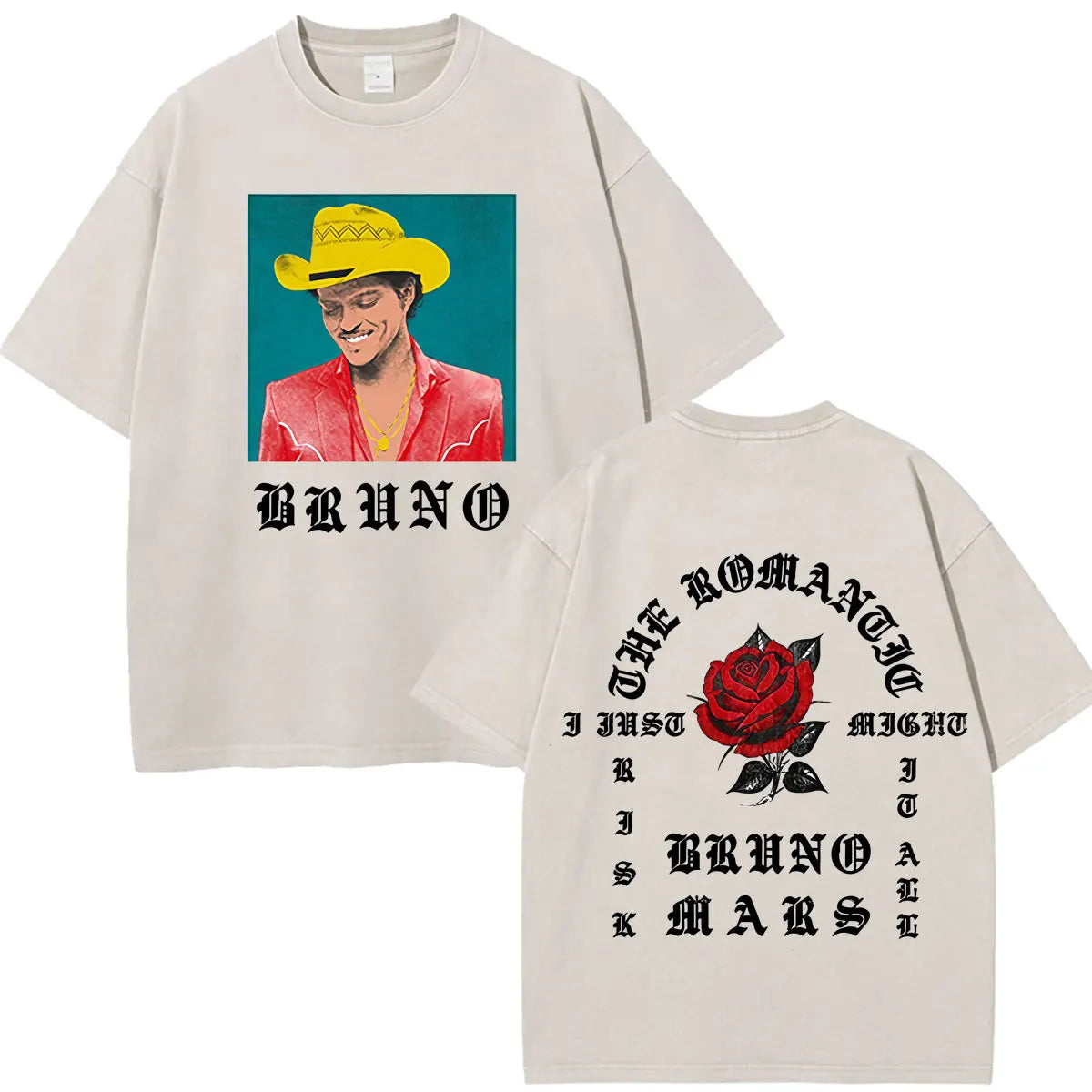 Bruno Mars The Romantic Tour 2026 Print Vintage Washed T-shirt Man Woman Fashion T-shirts Cotton Loose Casual Oversized T-shirts