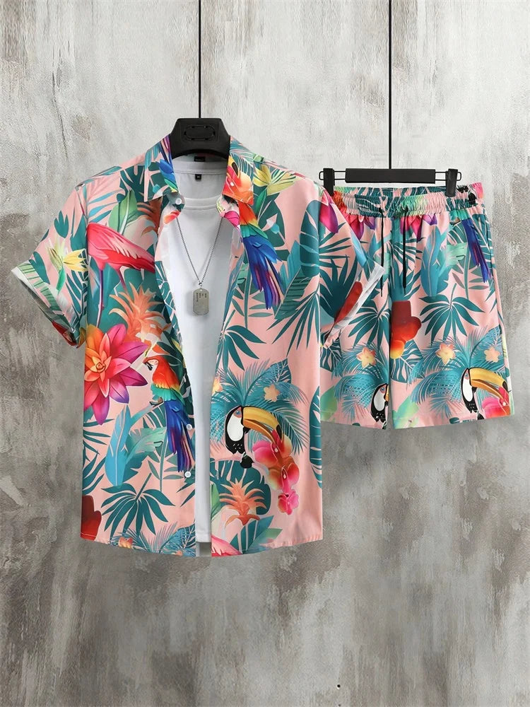 Men's Short-sleeved Shirt Set Artistic And Simple Style Plant Print Solid-color Shorts Casual Fashionable And Daily