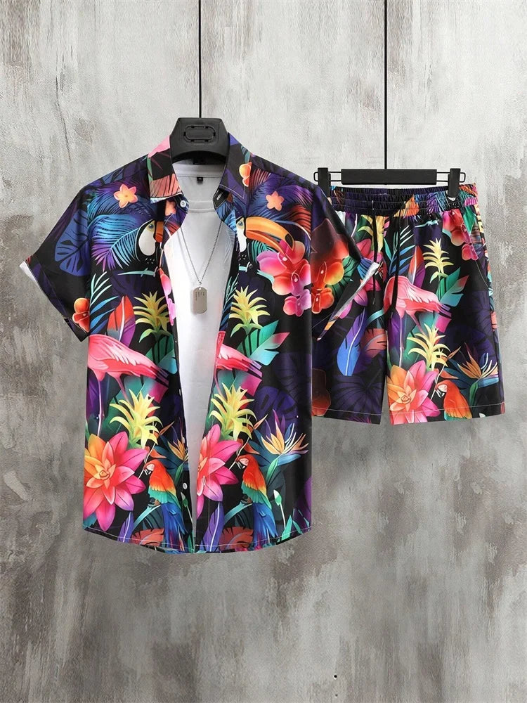 Men's Short-sleeved Shirt Set Artistic And Simple Style Plant Print Solid-color Shorts Casual Fashionable And Daily