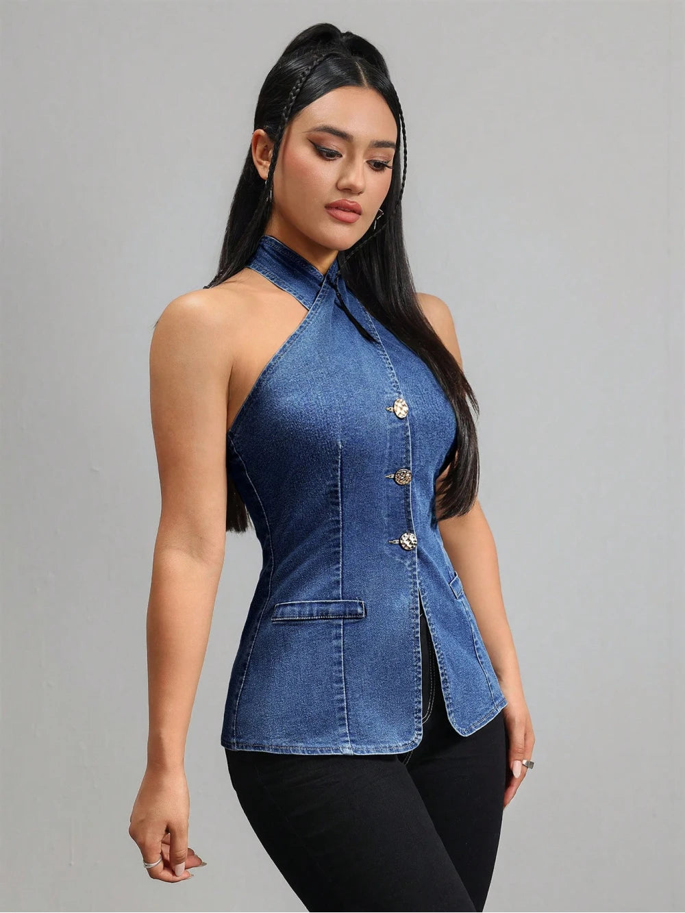 2026 new neck hanging sleeveless denim top sexy cross breasted slim fit vest Y2K spicy girl style street fashion personality ins