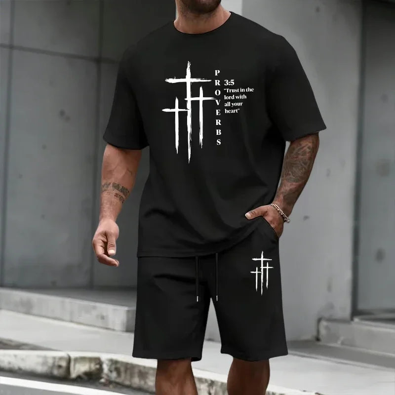 2026 Summer Men's Set Cross Print T-shirts and Shorts Home Outdoor Comfort Soft Short Sleeve Outfit Urban Casual Trend Tracksuit