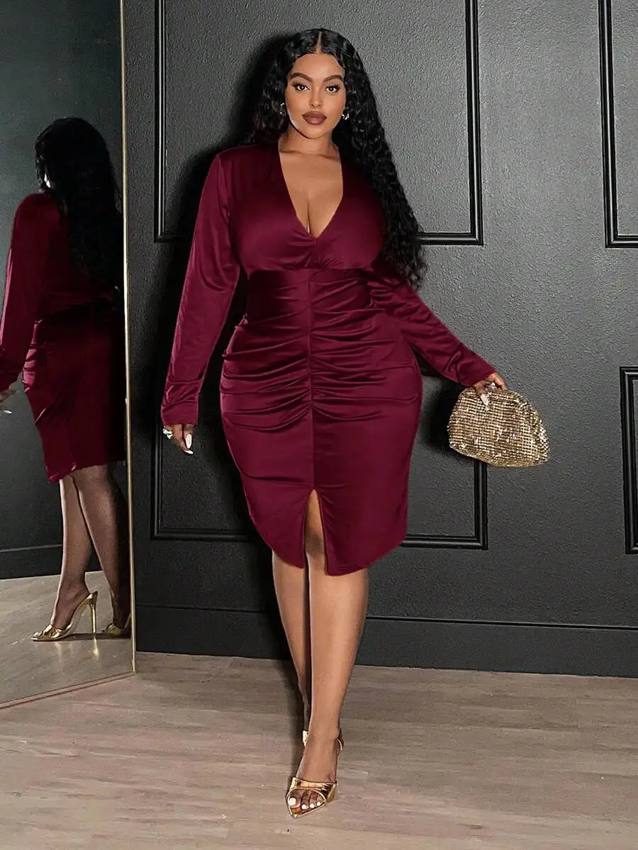 Elegant Sexy Ruched V-Neck Bodycon Long Sleeve Dress For Women Party Christmas