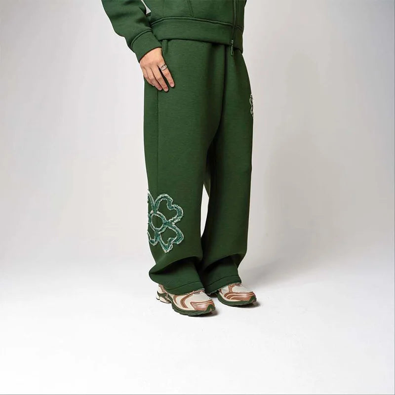 Spring Autumn Oversized 4 Leaf Clover Applique Zip Up Hoodie Tracksuit Set Men Y2K Streetwear Fleece Sweatpants 2 Piece Outfits