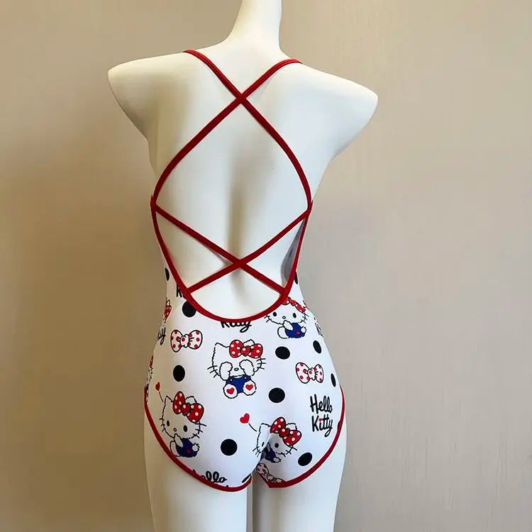 Anime Cute Kawaii Sanrio Hello Kitty One Piece Racing Swimsuit Backless Sports Training Swimwear Double Layer No Water Retention
