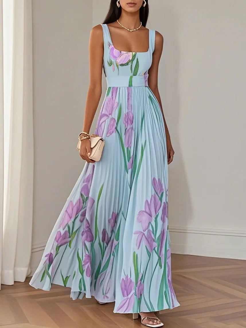 Hot Sale Women High Waist Pleated Maxi Dress Square Neck Sleeveless Floral Digital Print Strap Summer Beach Vacation Long Dresse