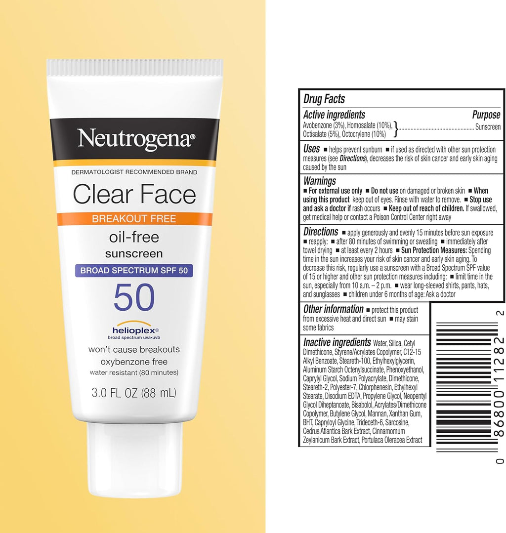 Neutrogena Clear Face Sunscreen Lotion SPF 50 for Acne-Prone Skin Broad Spectrum UVA UVB Protection Oil-Free No-Fragrance No-Oxybenzone Water-Resistant Daily Face Moisturizer, 3 Fl Oz