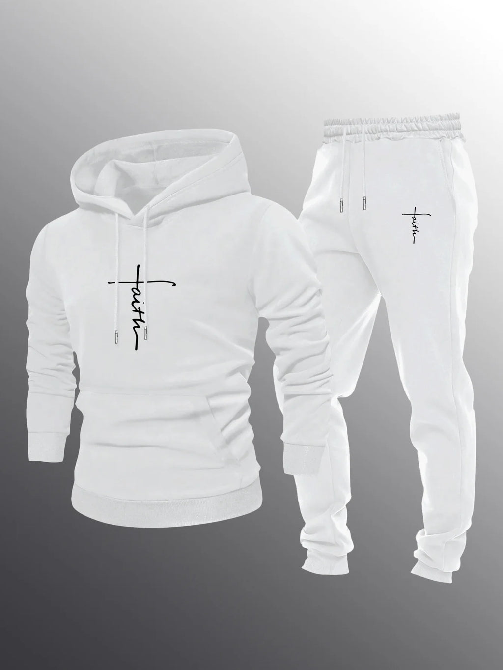Men 2Pcs Faith Cross Graphic Hoodie Sweatpants Set Polyester Loose Autumn Street Casual Sport Tracksuit Male