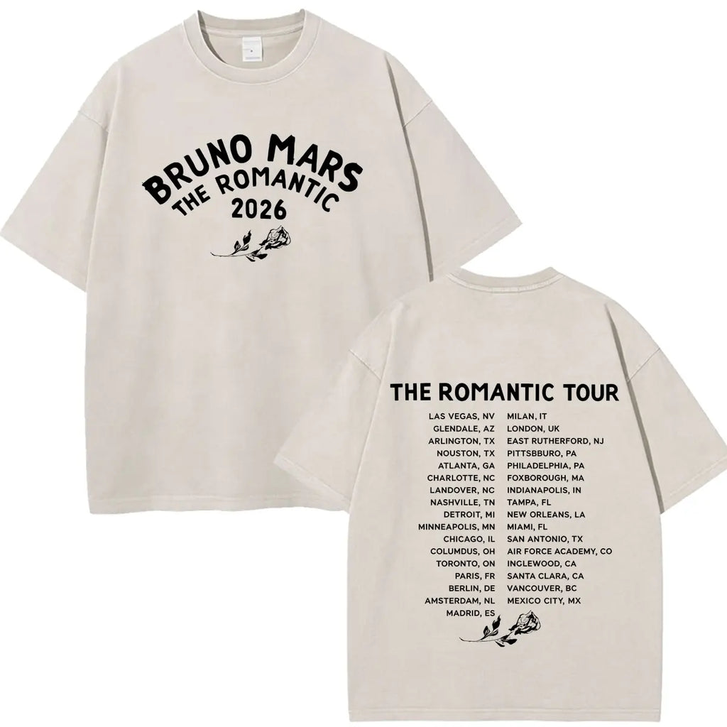 Bruno Mars The Romantic Tour 2026 Print Vintage Washed T-shirt Man Woman Fashion T-shirts Cotton Loose Casual Oversized T-shirts