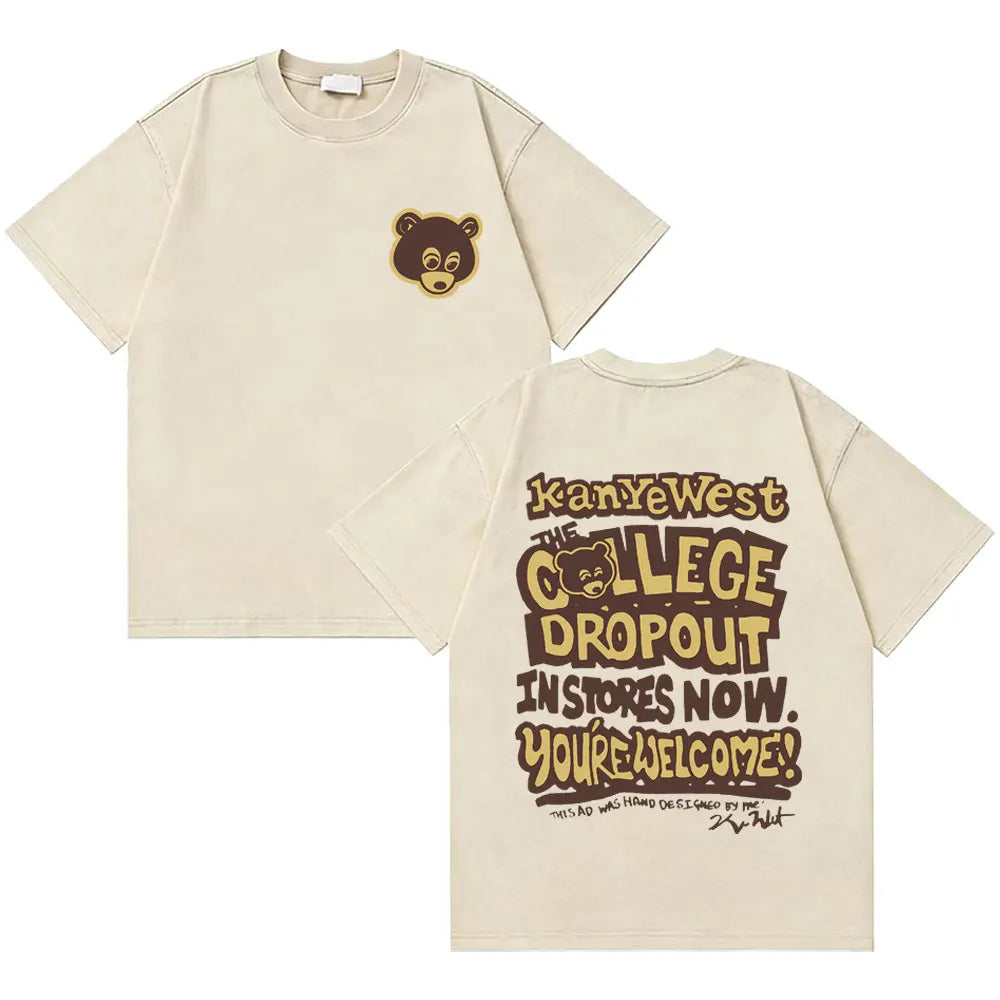 Awesome Rapper Kanye West Graduation Bear Vintage Washed T-shirt Men Women Hip Hop Fashion Trend Short Sleeve T Shirt Streetwear