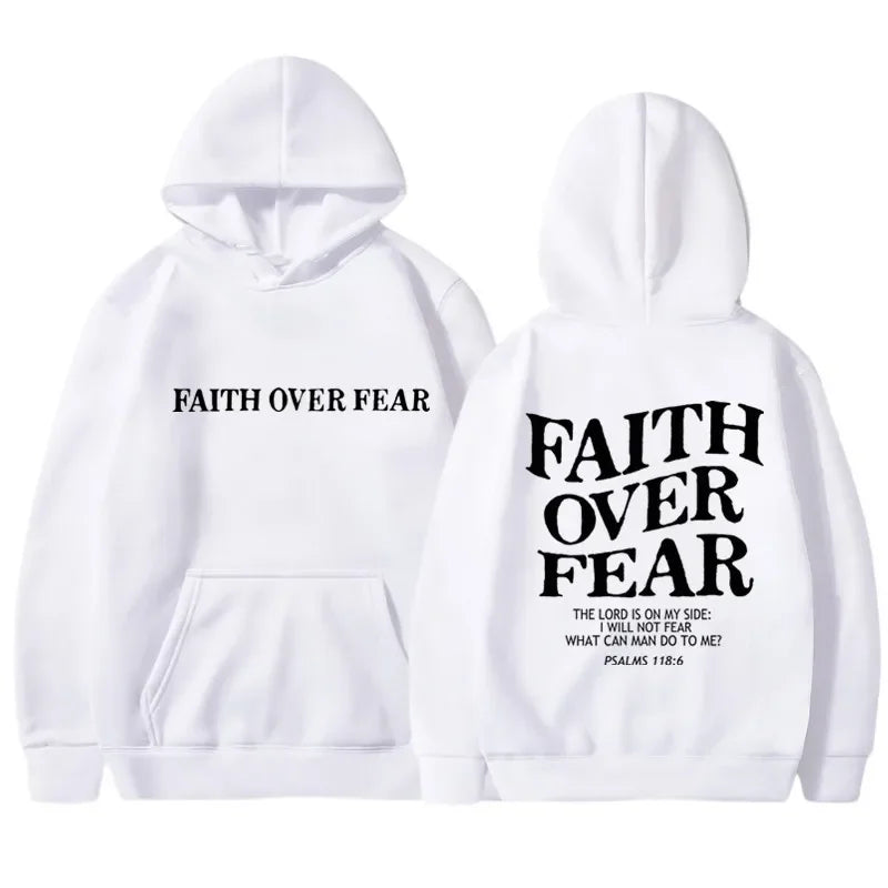 Men's Faith Over Fear Graphic Hoodie Black Pullover Sweatshirt Comfortable Blend Fabric Inspirational Streetwear Hooded Top