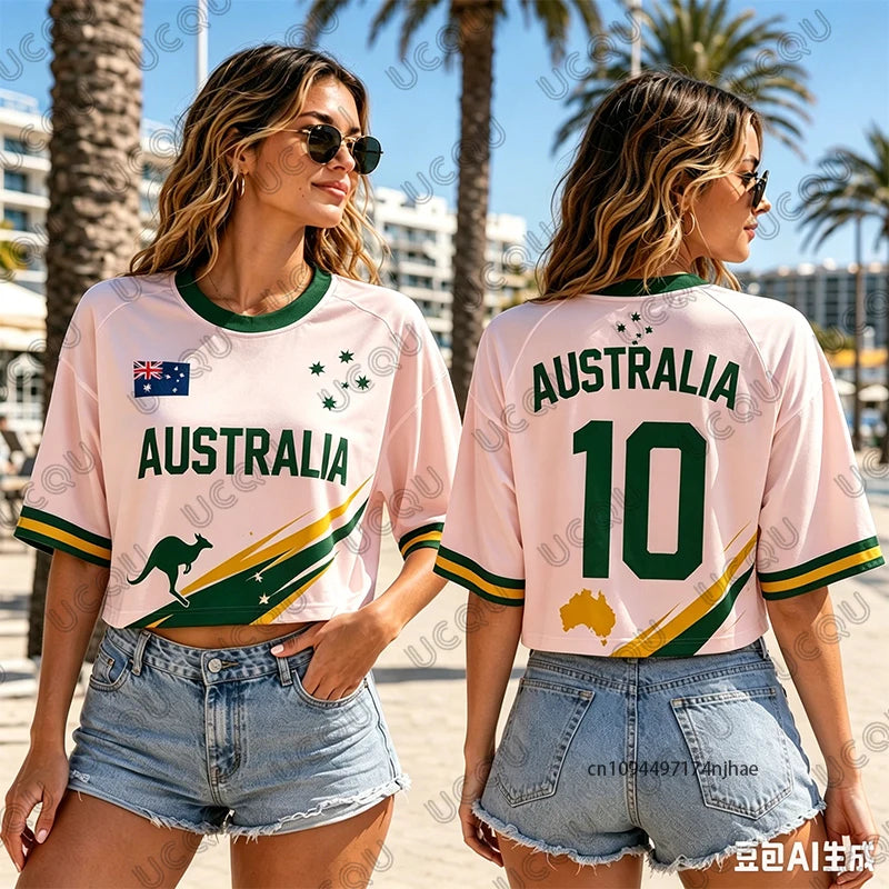 Summer New Australia Print T-Shirt For Women Short Sleeve O-neck Sexy Crop Top Streetwear Football Jersey Y2k Tees Casual Tops