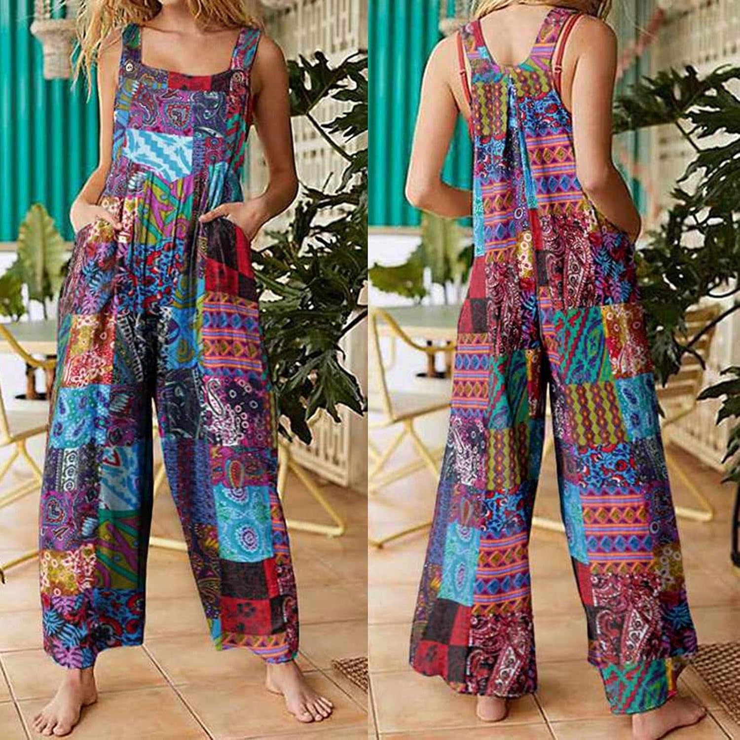Linen Jumpsuit for Women Casual Suspender Jumpsuit Wide Leg Bib Pants Floral Rompers Overalls with Pockets