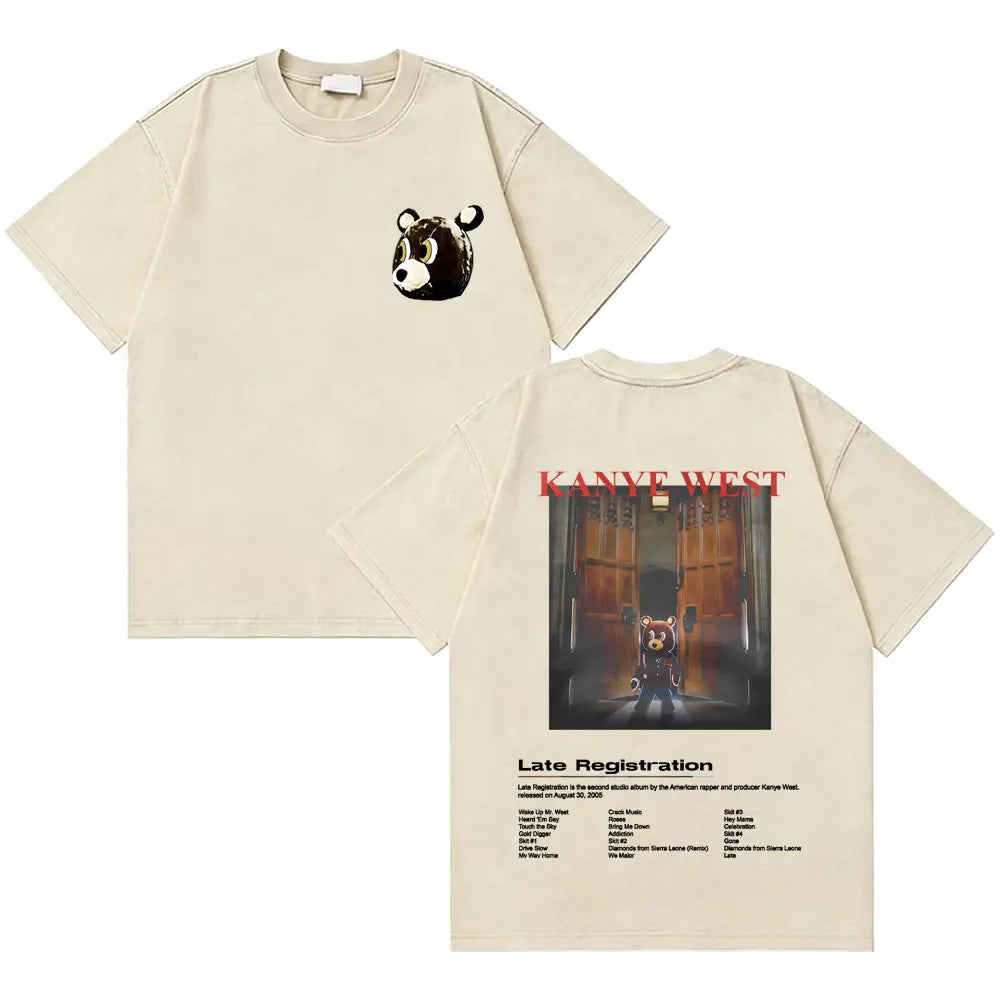 Awesome Rapper Kanye West Graduation Bear Vintage Washed T-shirt Men Women Hip Hop Fashion Trend Short Sleeve T Shirt Streetwear