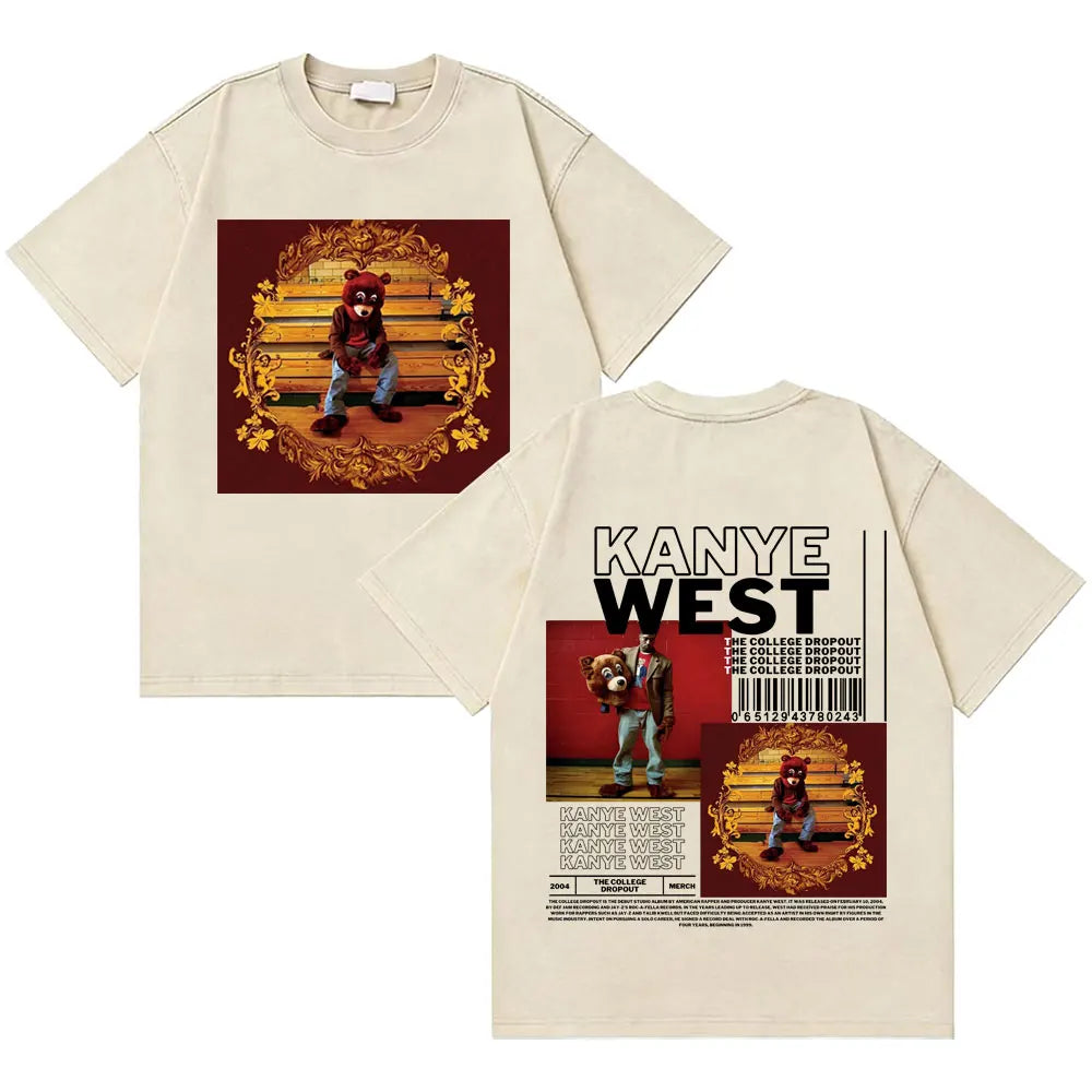 Awesome Rapper Kanye West Graduation Bear Vintage Washed T-shirt Men Women Hip Hop Fashion Trend Short Sleeve T Shirt Streetwear