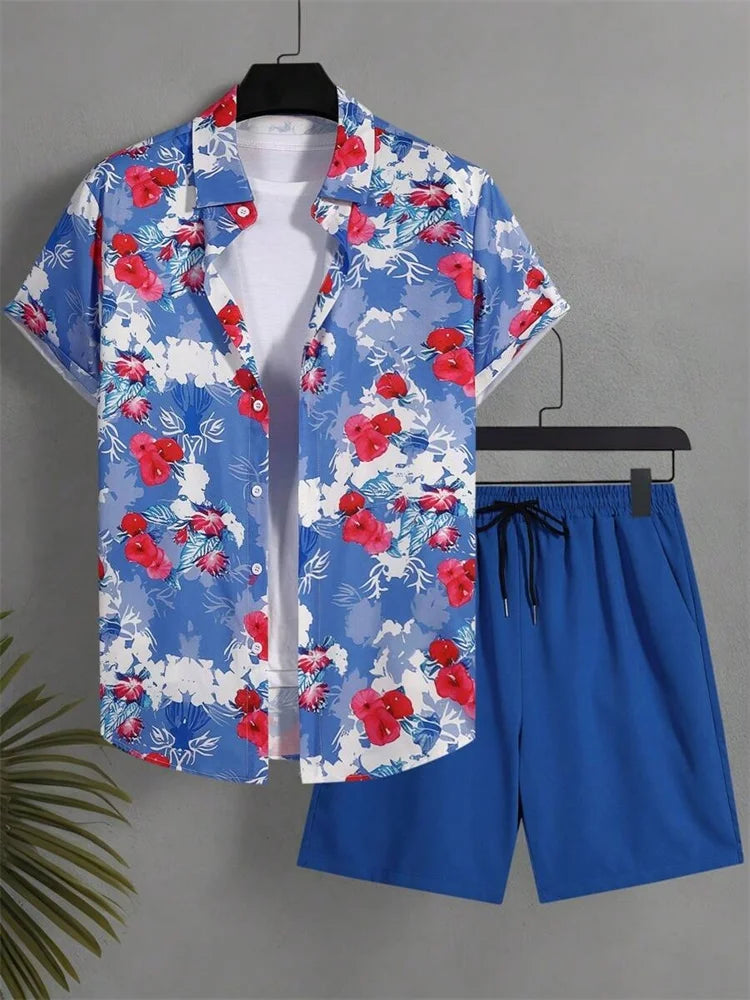 Men's Short-sleeved Shirt Set Artistic And Simple Style Plant Print Solid-color Shorts Casual Fashionable And Daily