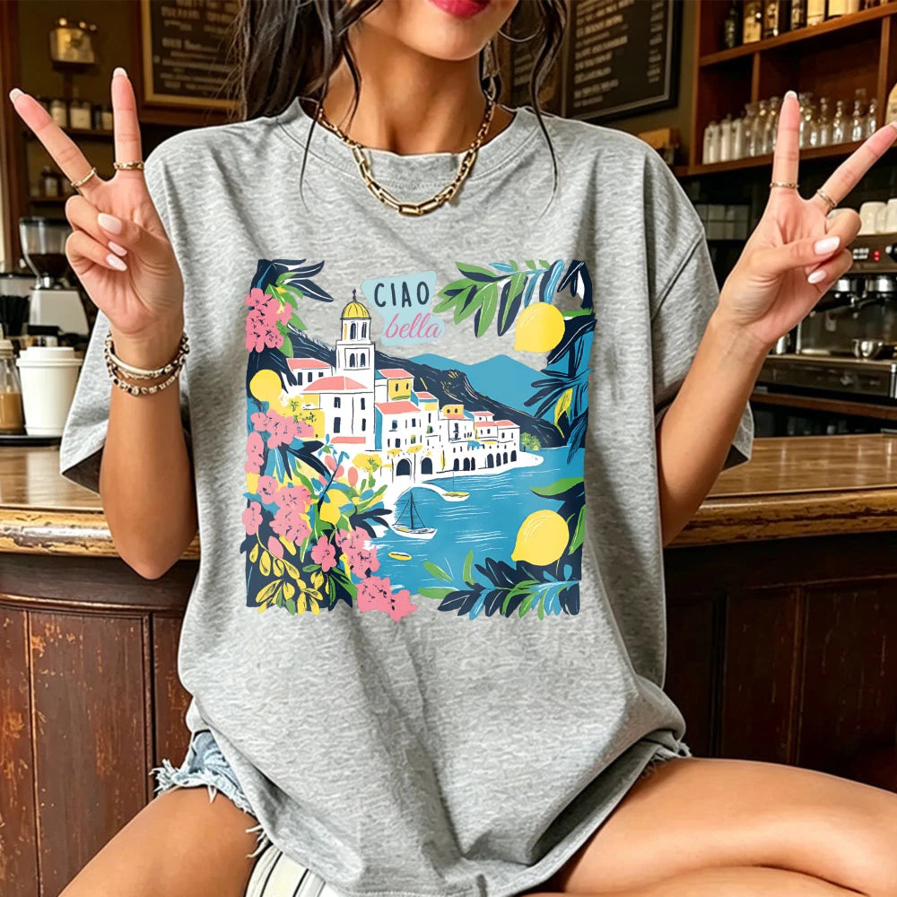 Italian Floral Mediterranean T-Shirt Ciao Bella Amalfi Coast Summer Tee Lemon Village Sailboat Positano Limoncello Travel Gift