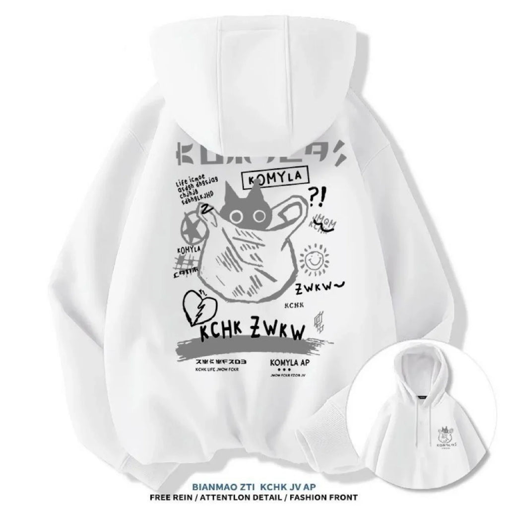 2025 unisex printed hooded sweatshirt with black cat letter pattern long sleeved sweatshirt, casual and comfortable