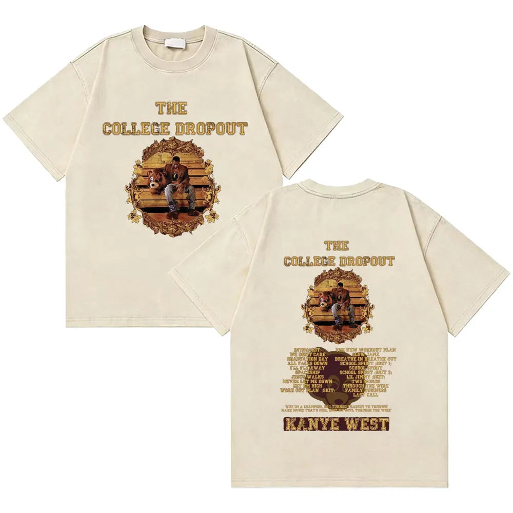 Awesome Rapper Kanye West Graduation Bear Vintage Washed T-shirt Men Women Hip Hop Fashion Trend Short Sleeve T Shirt Streetwear