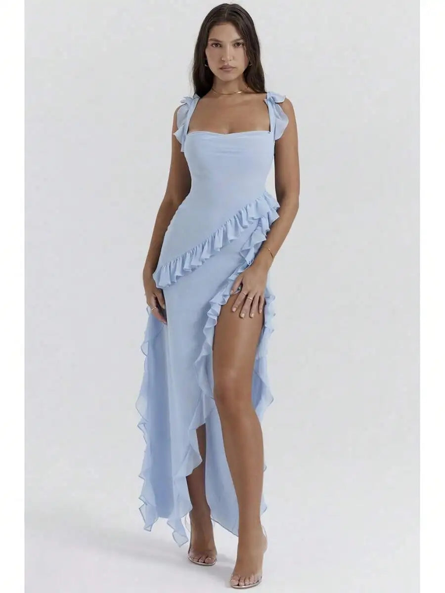 French Style Spaghetti Strap Ruffle Floral Print High Low Long Dress For Women