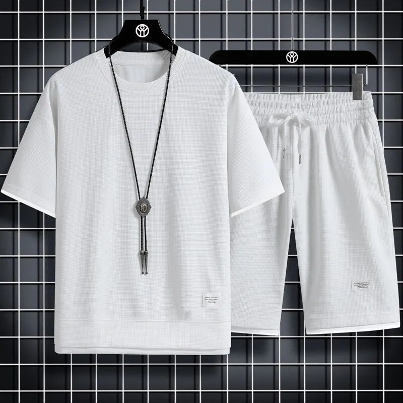 Ice Silk Short Sleeve Men's Summer Sportswear Set Casual Five-Quarter Length T-Shirt And Shorts Ensemble for Teenage Boys