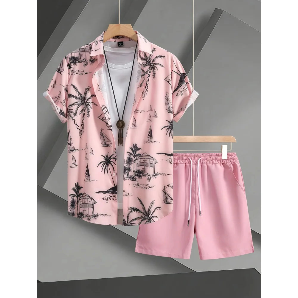 Summer Man Set Coconut Tree Fresh Flower Pattern Men's Short-Sleeved Button Shirt Summer Seaside Beach Vacation Hawaiian Shirt