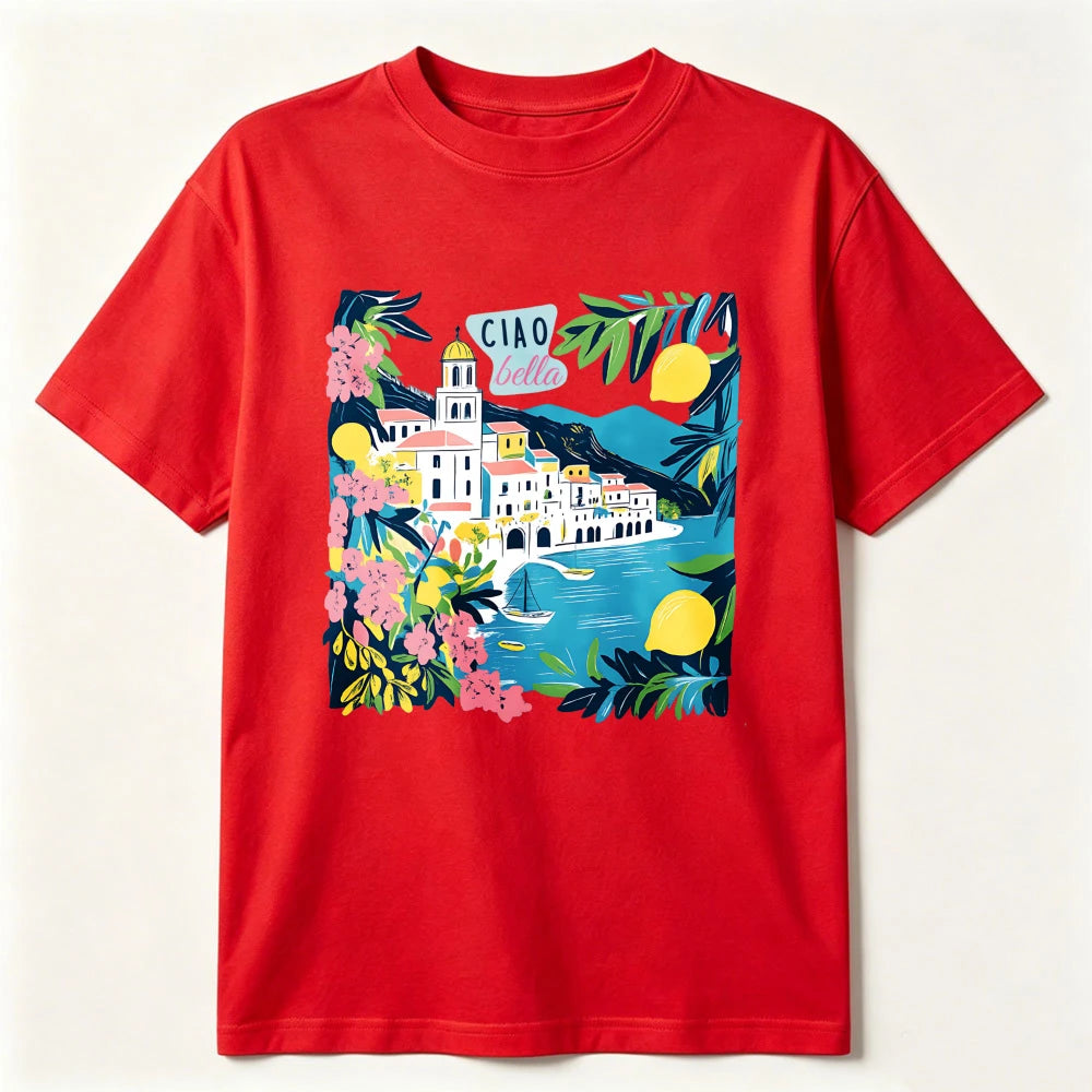 Italian Floral Mediterranean T-Shirt Ciao Bella Amalfi Coast Summer Tee Lemon Village Sailboat Positano Limoncello Travel Gift