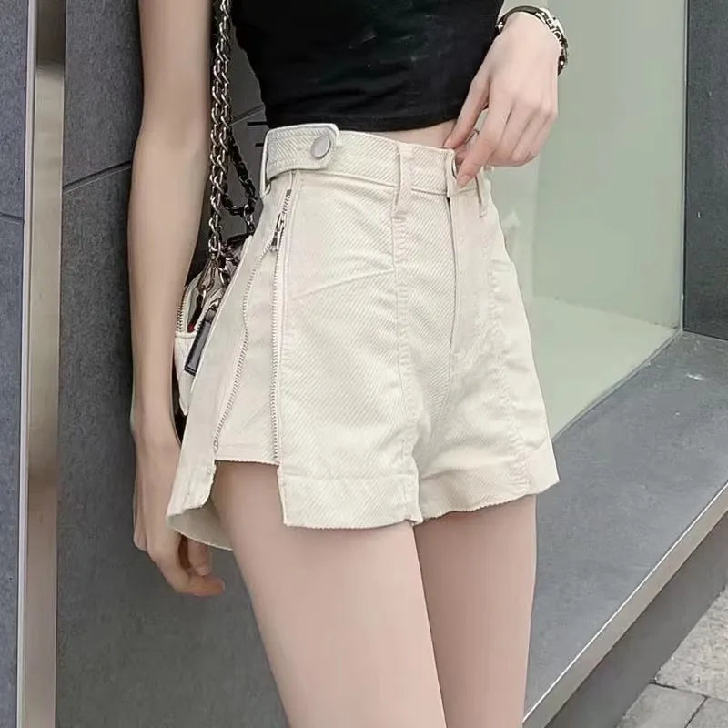 Jeans Shorts Women Straight Denim Short Trousers Side Zipper Split Design Outfits Club Women Clothing Summer Wide Leg Hot Pants