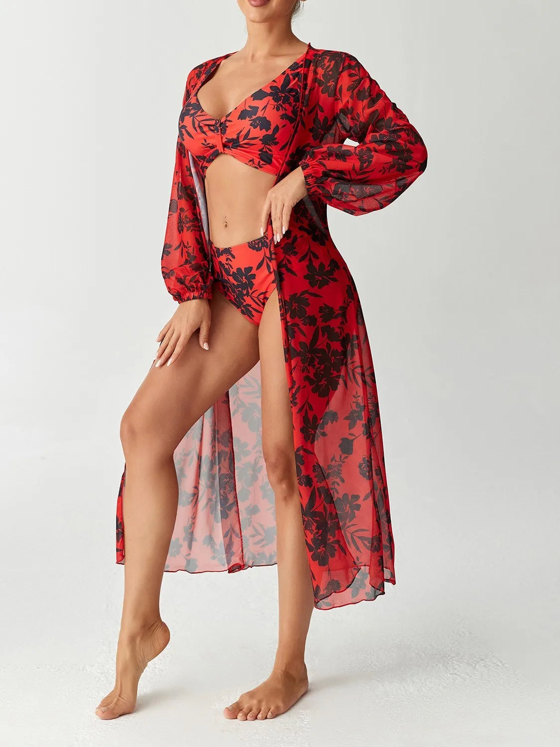 Women's 2026 Tankini Printed High Waist Long Sleeve Tankini Top Floral Print V Neck Swim Top Tropical Leaf Print Bikini Top
