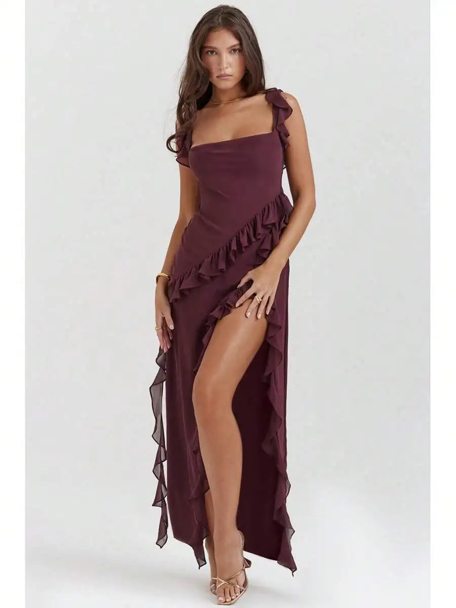 French Style Spaghetti Strap Ruffle Floral Print High Low Long Dress For Women