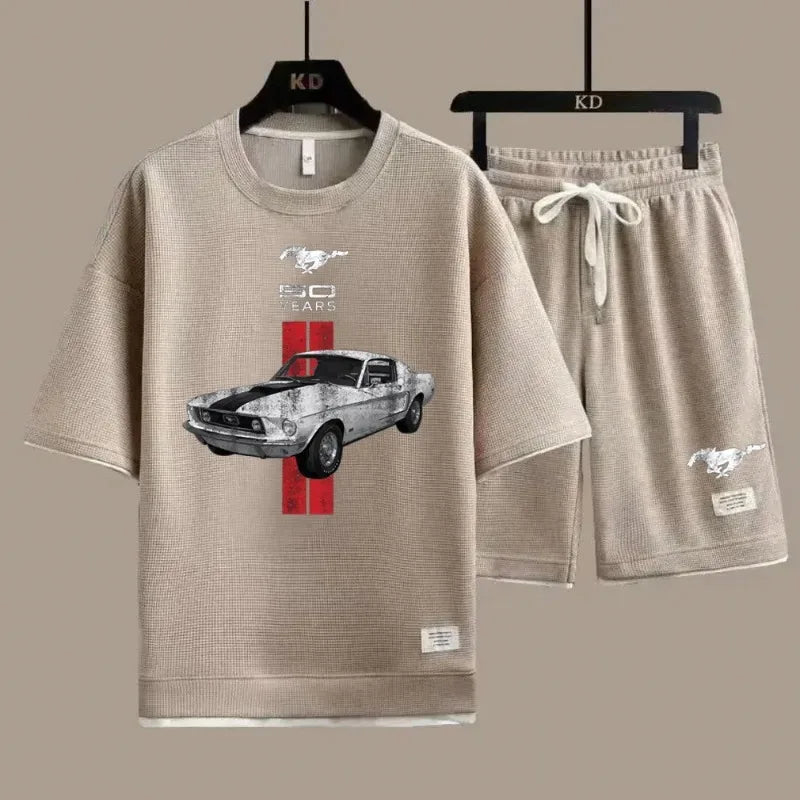 Retro 50 Years Mustang Car Man Tracksuit 2Piece Sets New Waffle Crewneck Tshirt & Shorts Sportwear Suit Mens Tees Short Pants