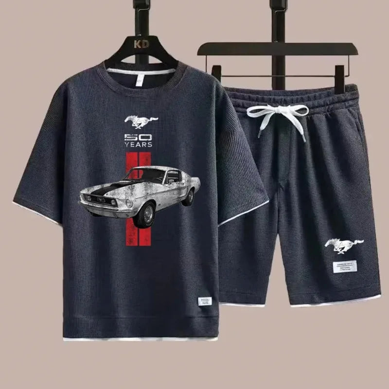 Retro 50 Years Mustang Car Man Tracksuit 2Piece Sets New Waffle Crewneck Tshirt & Shorts Sportwear Suit Mens Tees Short Pants