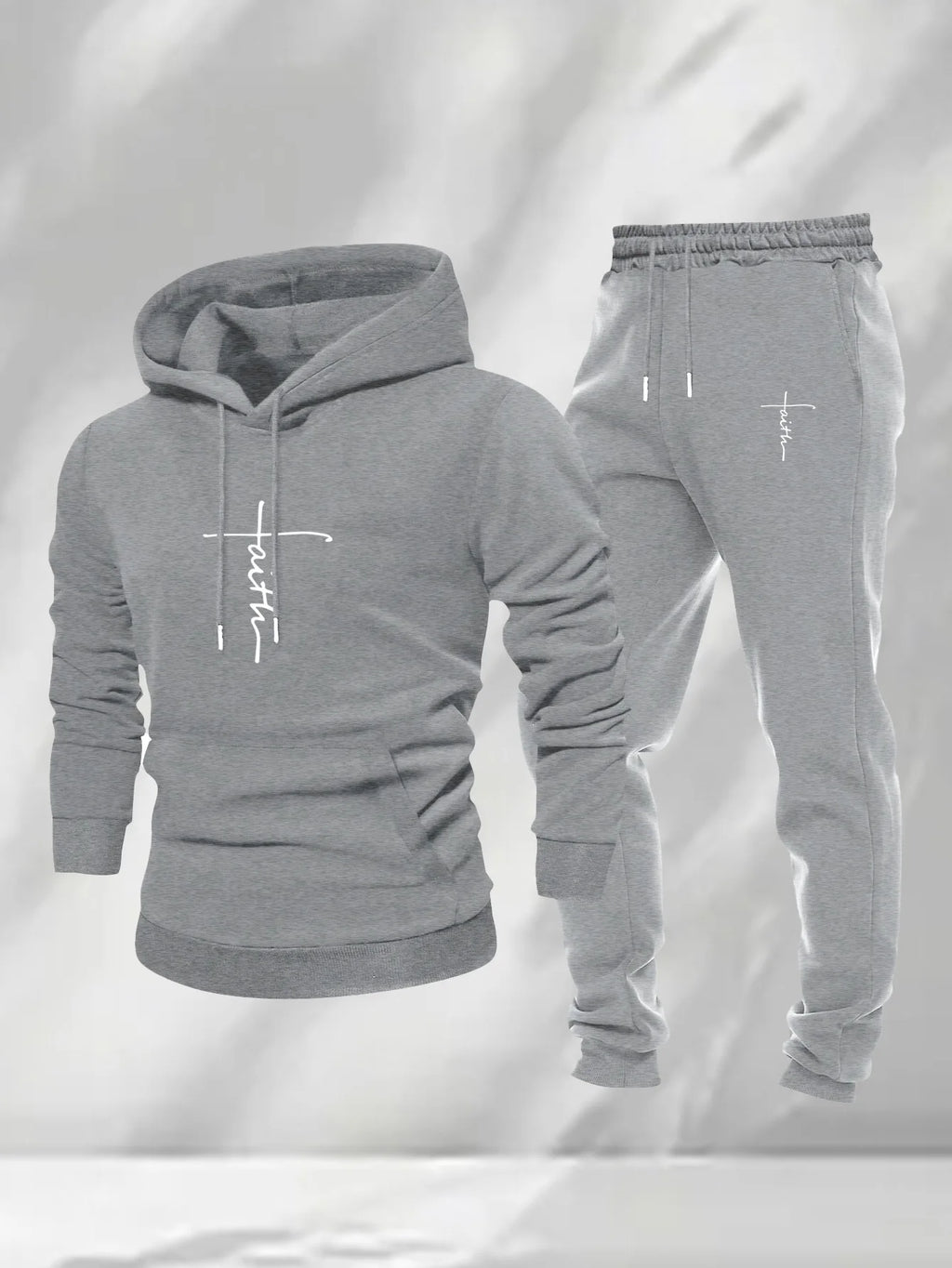 Men 2Pcs Faith Cross Graphic Hoodie Sweatpants Set Polyester Loose Autumn Street Casual Sport Tracksuit Male