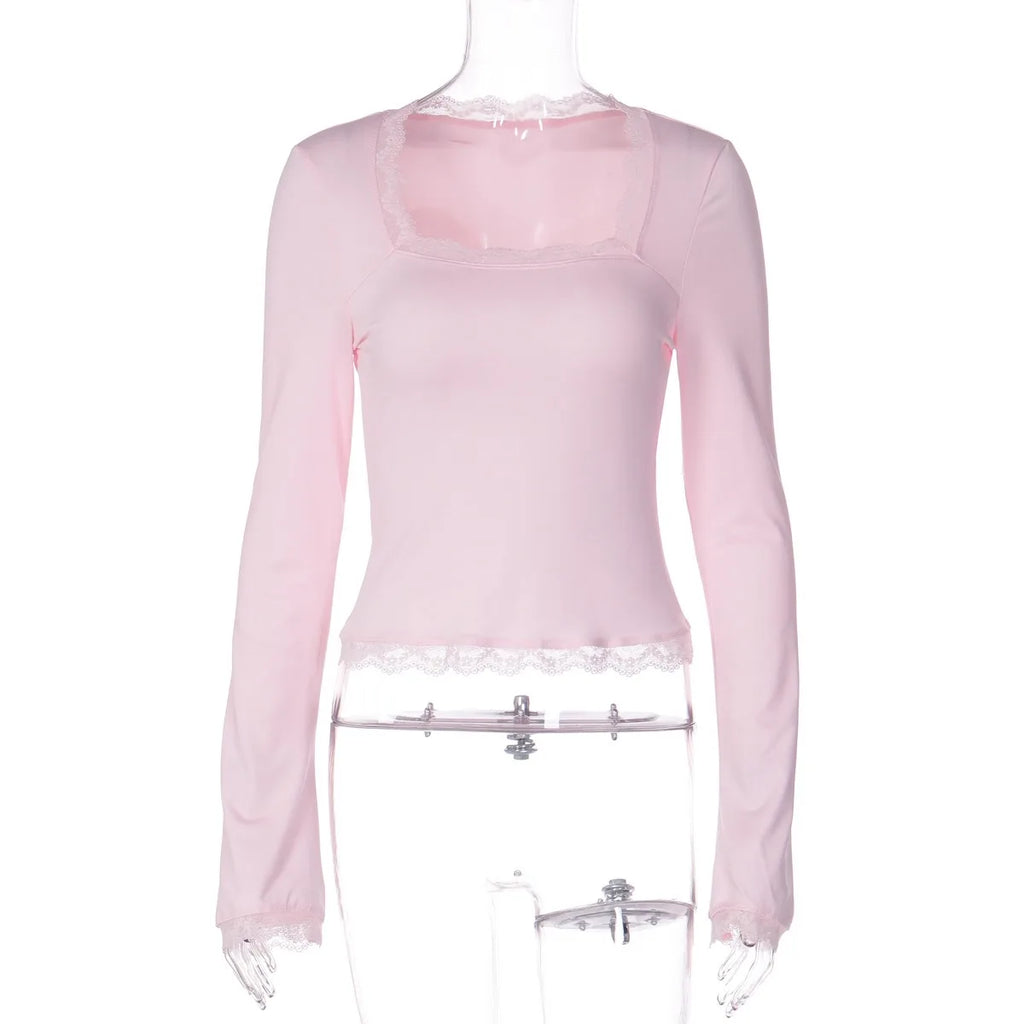 Women's Lace Edged Square Neck Long Sleeved Slim Fit Ladies Top T-Shirt Classic Simple Solid Sexy Square Neck Pullover Y2k Style