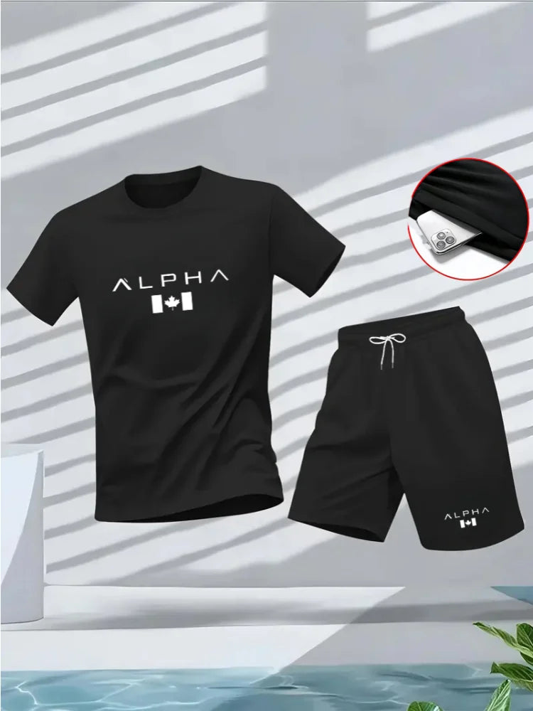 Men's summer fitness and sportswear set, round-neck short-sleeved T-shirt fashionable and casual